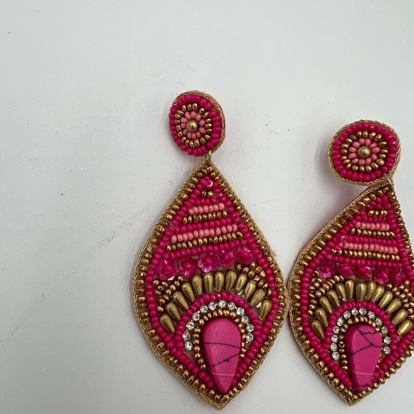 Vibrant Pink and Gold Teardrop Earrings with Intricate Beadwork - Picture 5 of 6